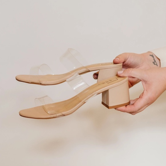 Tan clear band heels sandals slip on square toe events formal party mule - Picture 5 of 9